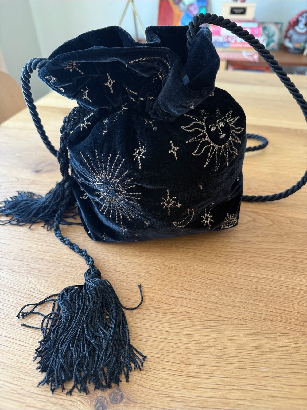 J. Crew Black Velvet Drawstring Pouch with Metallic Celestial Embroidery